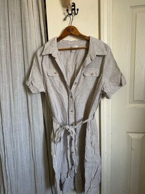 Christopher & Banks Taupe and White Striped Shirt Dress